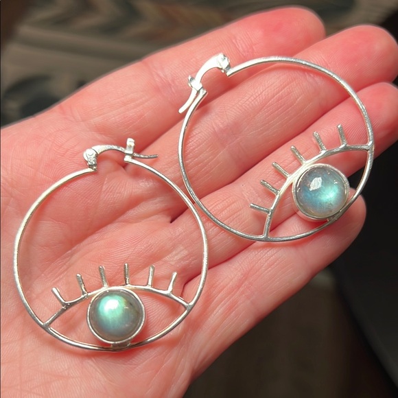Flashy Labradorite Silver Evil Eye Hoop Earrings - Picture 1 of 4